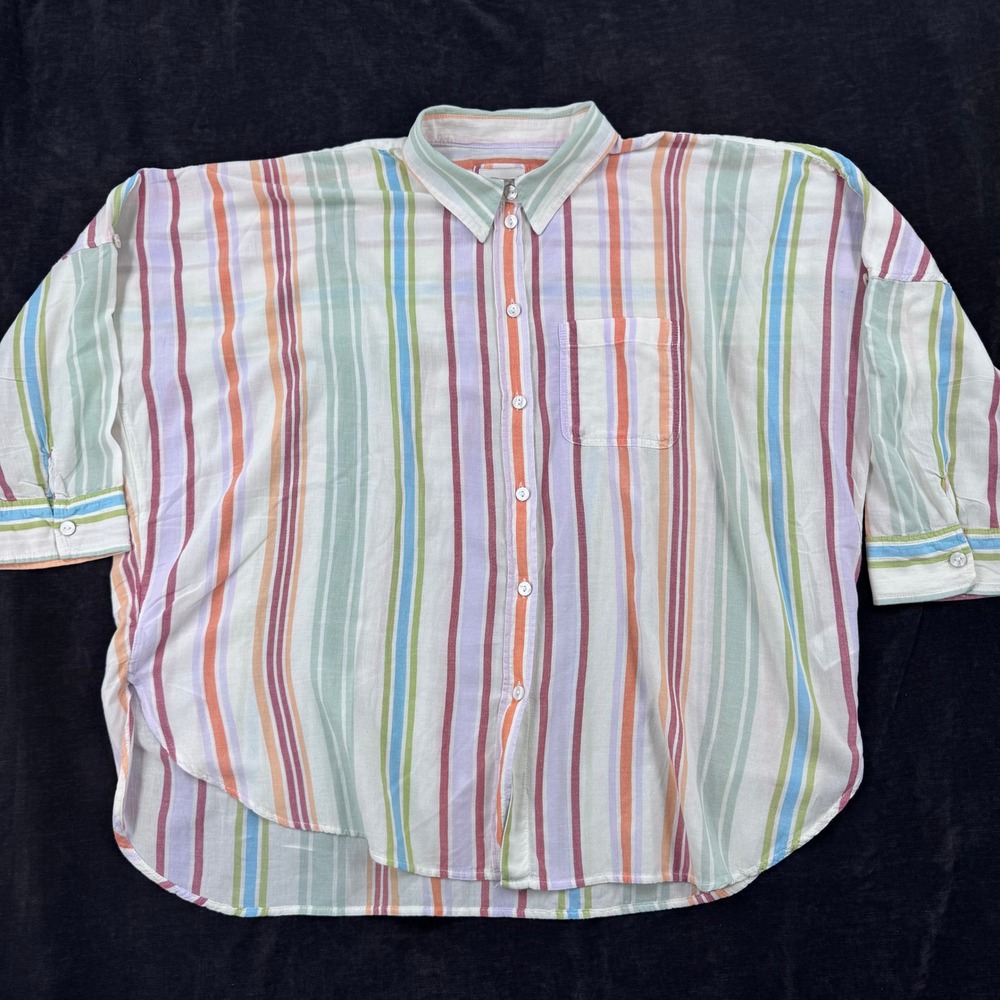 American Eagle Womens M Pastel Striped Button Down Oversized Shirt Coastal Beach - Picture 2 of 12